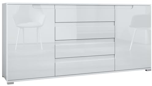 Vladon Sideboard Sylt V2, Kommode mit 2 Türen und 4 Schubladen, Korpus - Weiß matt/Front - Weiß Hochglanz/Absetzung - Weiß Hochglanz (166,5 x 75,5 x 35 cm)