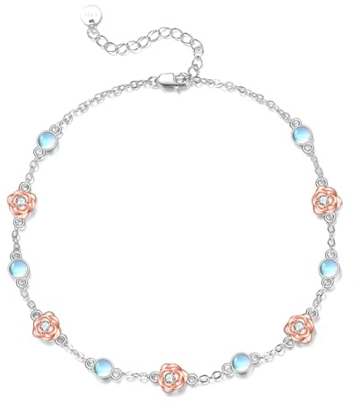 YFN 925 Sterling Silber Armband mit Gänseblümchen Blüten und Mondstein Zierliches Naturstein Schmuck Armband für Frauen Mädchen (rose, 9+2 inch)
