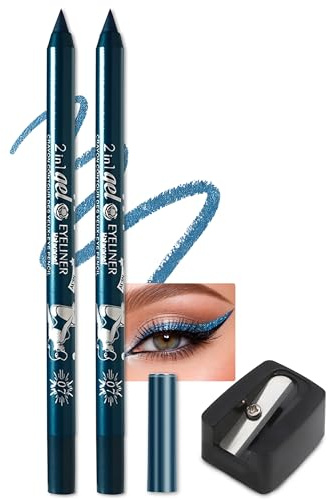 Jutqut 2PCS Glitzer Blau Gel Eyeliner, Smooth Blue Kajal Wasserfest | Langlebig Wischfest, Hochpigmentierte, Leichte Anwendung, Smooth, mit Anspitzer, Make-up für Frauen