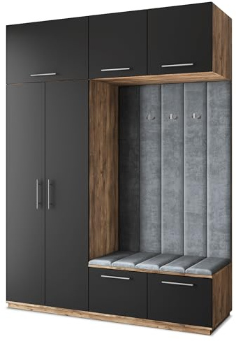 Masseno Flugarderoben Set Rema, Kleiderschrank-Set mit Sitzbank, Garderobenschrank Flur mit 5 Regalböden, Eiche Lefkas/Schwarz