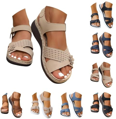 AMDOLE Orthopedic Sandals for Women UK Plantar Fasciitis Comfort Wedge Sandals Open Toe Ankle Strap Sandal Summer Wide Fit Cushion Walking Shoes Ladies Casual Summer Sandal with Arch Support