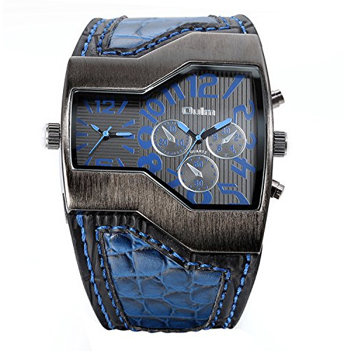 Avaner Herren Uhr Analog Japanisches Quarzwerk mit Leder Armband großes Zifferblatt 2 Zeitzonen Blau AN004-001