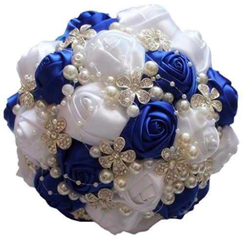 Fouriding Bouquet da Nozze Sposa damigella d'onore Nastro Rosa Diamante Perlato Fiore Artificiale Decorazione (Royal blu-bianco, 24cm)
