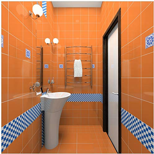 Wallario Glasplatte, Schutzplatte 55 x 55 cm - geeignet für IKEA Lack Tisch, für Beistelltisch/Couchtisch, Modernes Badezimmer in orange mit blauen Fliesen