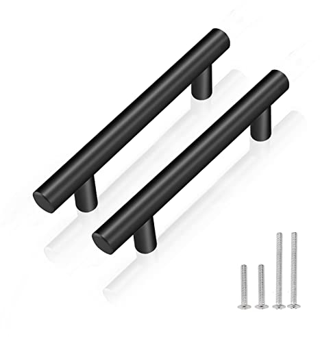 PinLin 20 Pack Kitchen Door Handles 76mm Hole Centre Flat Black Cabinet Handles Stainless Steel Cupboard T Bar Handle (Screws Included)