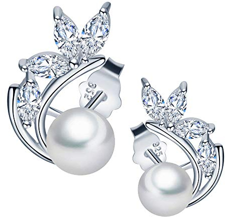 MICGIGI-Damen Leaf Perle Ohrringe aus 925 Sterling Silber Zirkonia Ohrstecker Ohrringe mit 6mm Perlen