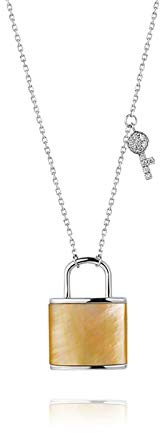 Daesar 18K White Gold Necklace Diamond 0.053ct White Lock and Key Round Pendant Necklace Silver