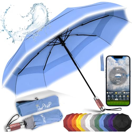Royal Walk Regenschirm Taschenschirm Sturmfest Automatik Auf und Zu Winddichter Doppelverdeck Klein Stabil Schirm Reflektierend mit Luxuriösem Echtholzgriff für Damen und Herren Umbrella