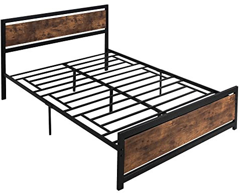 HOMCOM Cadre de lit Double 200 x 160 cm en Acier avec sommier et tête de lit Compatible Matelas Aspect Bois foncé