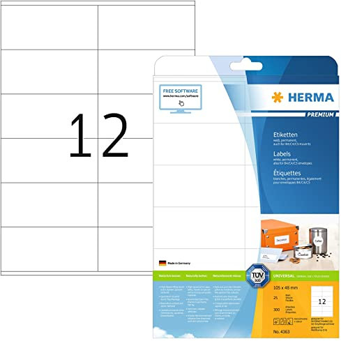 HERMA 4363 Universal Etiketten, 800 Blatt, 105 x 48 mm, 12 pro A4 Bogen, 9600 Stück, selbstklebend, bedruckbar, matt, blanko Papier Klebeetiketten Aufkleber, weiß