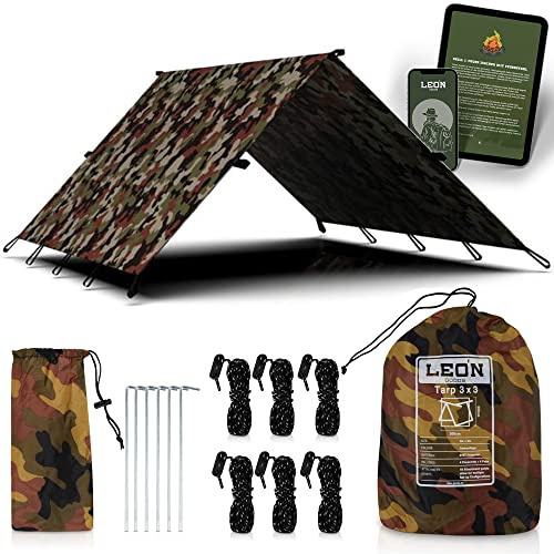 LEÓN Goods® : Bâche 3 x 3 m [+boucle intérieure] Motif camouflage Convient pour la construction de hamacs (cadre A). 19 + 1 points de tension, kit de démarrage avec sardines et paracorde (camouflage 3
