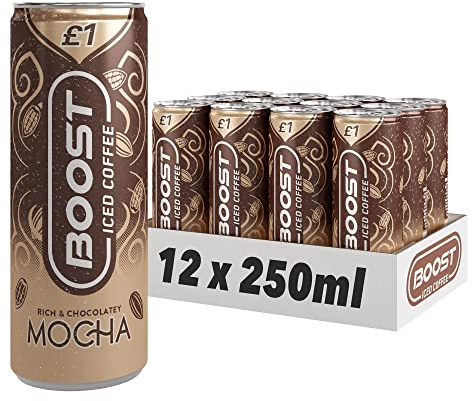 Boost Iced Coffee Cans Mocha | 12 Canned Drinks with High Caffeine, Arabica and Robusta Coffee Beans and Milk | Ice Coffee Bulk Drinks | Gluten Free Coffee Chocolate Mocha Drinks Multipack | 12x250ml