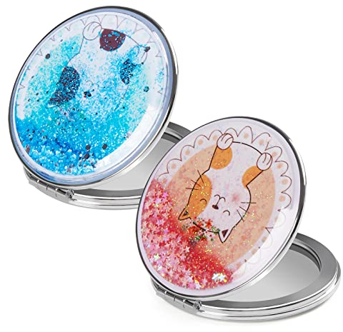 HBTD-SZ Kompaktspiegel, 2 Stück, tragbarer Spiegel, 1 x / 2 x Vergrößerung, rund, Metall, Taschenspiegel (2 Cartoon Katzen)