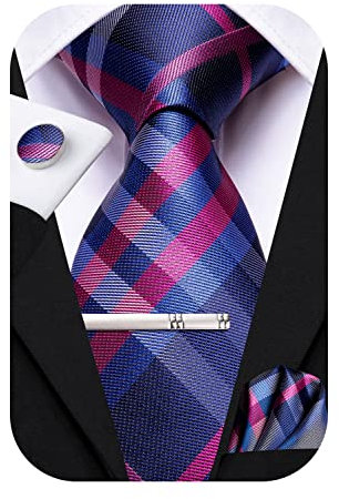 Hi-Tie Lot de 4 cravates classiques en soie pour homme avec boutons de manchette carrés et clips à rayures en cachemire uni, Bleu marine, rose, M