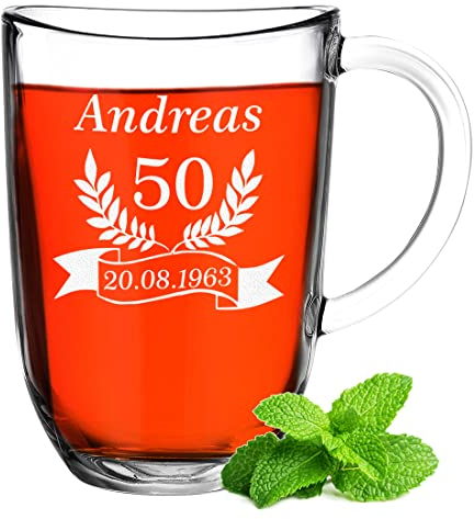 Tazza da tè in vetro Leonardo con incisione, tazza in vetro personalizzata, 365 ml, isolata, tè caldo e caffè, regalo di anniversario, regalo per uomini e donne