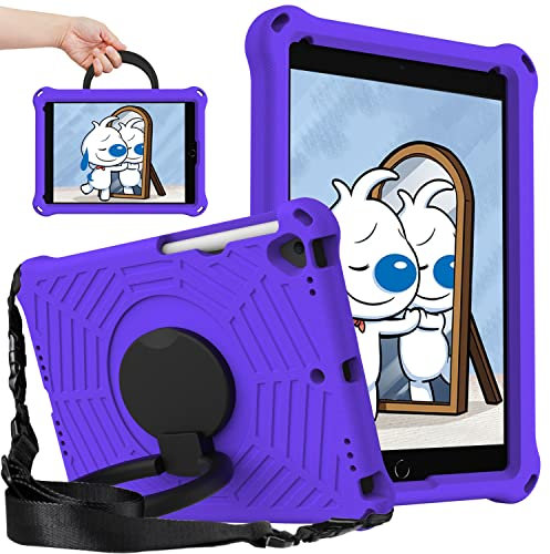 Kinder Hülle für iPad 10.2 Zoll 2021 2020 2019, 360 Grad Ring Handle Stand, Flexibler Schultergurt Eva Leichte Stoßfeste Spider Web Design, Kids Griff Schutzhülle, Lila