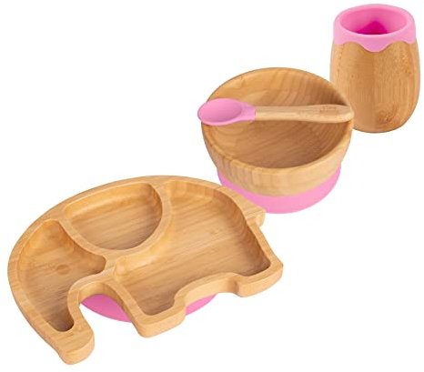 Tiny Dining Baby Feeding Set - Elephant - Pink - 4pc - Divided Non-Slip Bamboo Self-Feeding Weaning Plate, Bowl, Drinking Cup & Spoon for Babies, Toddlers, Children