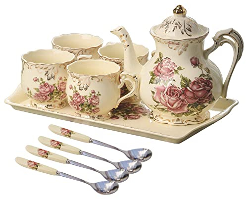 Juego de té europeo de porcelana de la tarde, juego de café floral vintage, tazas de té de China con tetera, bandeja de servir y cucharadita para regalos de fiesta de té, boda (patrón de rosas)
