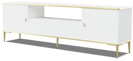 Homlando TV Schrank Petra 180 cm 2D1S - Moderner TV-Möbel mit mit gefräster Front Hochwertiges MDF- Lowboard mit Stauraum für Wohnzimmer Schlafzimmer - Goldene Metallbeine (Weiß Matt)