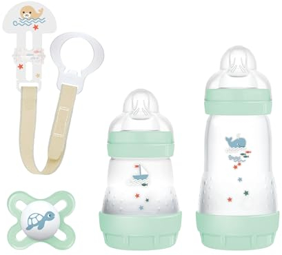MAM Welcome To The World, Set Regalo con 3 Biberon Easy Start Anticolica, Ciuccio Start Nanò, Clip It! & Cover, con Custodia Portaciuccio, Verde