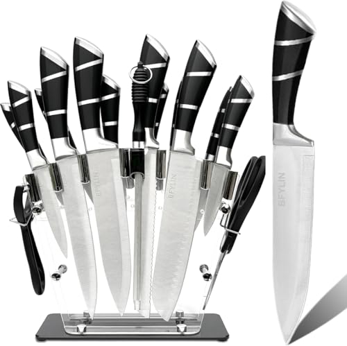 BFYLIN Messerblock Messer set, 16 Teiliges Küchenmesser set, Messer block set,Santokumesser Kochmesser Brotmesser Schälmesser Steakmesser ，Schäler, Küchenschere, Anspitzer Mit Acryl Messerhalter