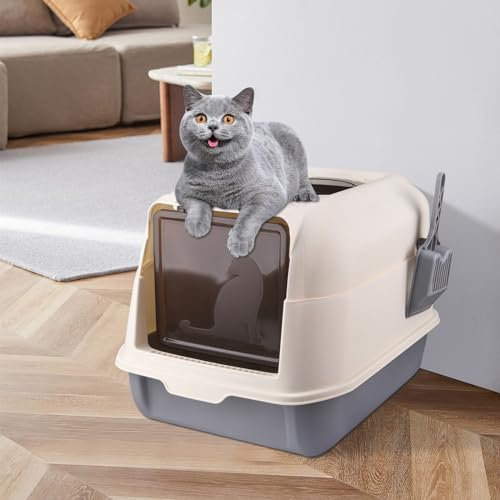 Katzenklo, Katzentoilette mit Deckel, Katzenklo inklusive Schaufel, Ausziehbares Tablett, Auslaufsicherer Boden, katzentoiletten mit 2 Öffnungen (36 * 51 * 34cm grau)