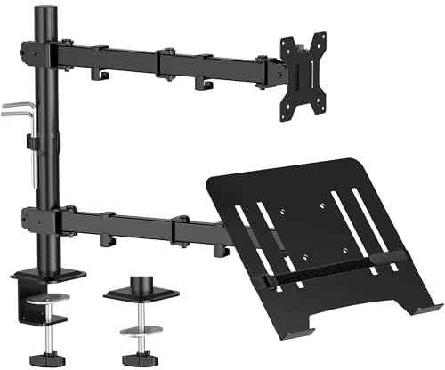 WHYFONE Monitor and Laptop Stand for 13-32 Inch Screens, Height Adjustable Monitor Arm Desk Mount with Laptop Stray up to 17 Inch Notebook, Laptop Arm with Tilt Swivel Rotation, VESA 75/100mm