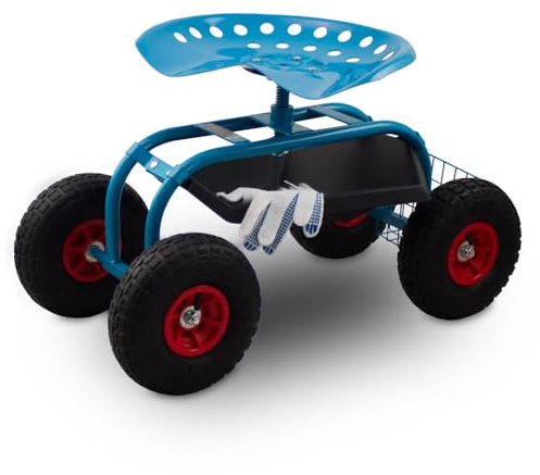 BITUXX Garten Rollhocker Hocker Arbeitshocker Sitzhocker Gartenhocker Gartenarbeit mit Ablage und Korb bis 150kg mit Luftbereifung