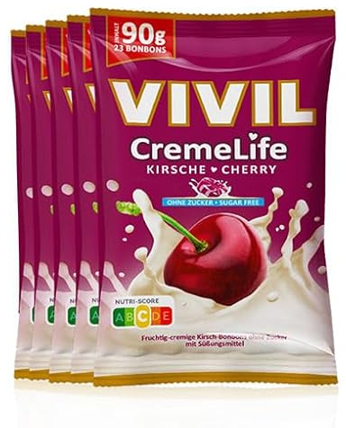 VIVIL Creme Life Kirsche, zuckerfreie Sahnebonbons, 5 x 90 g, glutenfrei | Cremiger Genuss mit echter Schlagsahne, Vorratspackung für Zuhause und Büro, Hergestellt in eigener Produktion in Deutschland