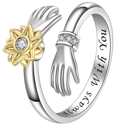Flongo Sonnenblume Umarmung Angst Ring: Damen Fidget Anti stress ringe Frauen silber Schmuck graviert always with you Geschenk für Mädchen Teenager Tochter verstellbar edelstahlringe