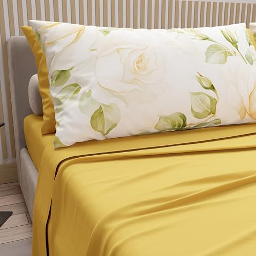 PETTI Artigiani Italiani - Lenzuola in Cotone con Federe in Stampa Digitale, Lenzuola Matrimoniali, Completo Letto Matrimoniale, Wedding Flower Giallo, 100% Made in Italy