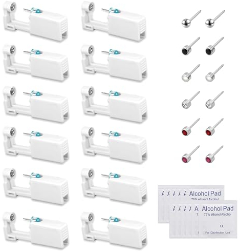 12pz Pistola Buchi Orecchie Pistola per Piercing Kit di Piercing Pistola Orecchini con Ovatta Alcolica, per Principianti, Ragazze, Uomini e Donne