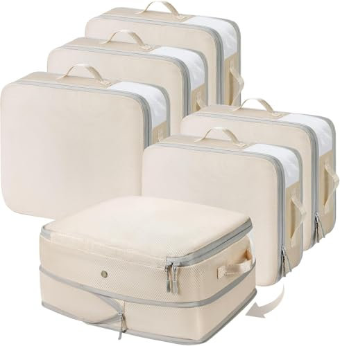 DIMJ Selbstkomprimierender Organizer - Bettwäsche Aufbewahrung, Packing Cubes Compression, Aufbewahrung Bettdecken, for Bettdecken, Kleidung, Decken, 6 Stück, Beige