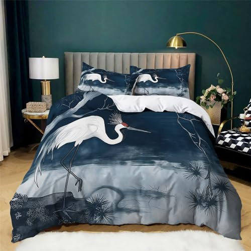 Funda nórdica 220 x 240 cm, Juego de Ropa de Cama para Grulla Coronada Roja con Pintura En Tinta 3 Piezas, Incluye 1 Funda nórdica y 2 Fundas de Almohada 50 x 75 cm