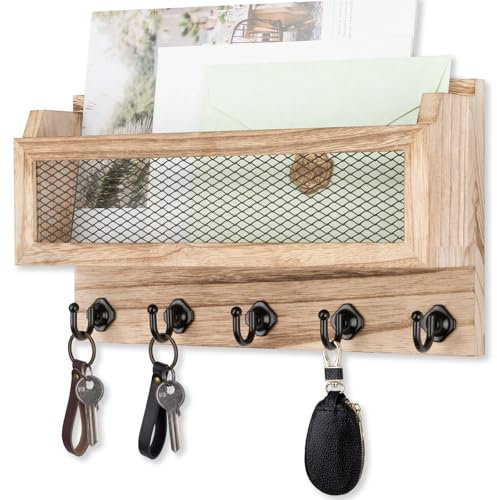 Nekon Mail and Key Holder for Wall Decorative, 11 Inch Wooden Wall Key Organizer with 5 Key Hooks, Wall Mount Storage Shelf for Entryway Hallway (Wood)