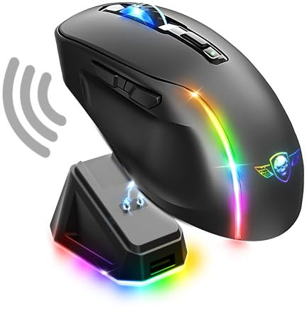 Spirit of Gamer - Elite M50 Dark, Ratón Gaming inalámbrico RGB 8000 dpi, 6 Botones Programables, Conexión Bluetooth y 2,4 GHz, 90h de duración de la batería, Estación de Carga RGB, Negro