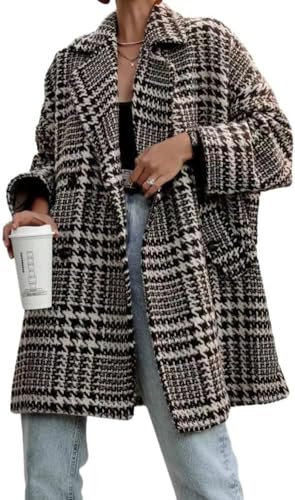 Suncadmious Manteau d'hiver en Laine Pied-de-Poule à Double Boutonnage pour Femmes, Trench-Coat d'hiver Formel à Carreaux à Revers cranté (Abricot,XL)