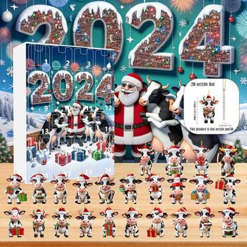 Hängende Dekorationen 2024 Neuer Adventskalender 24 Tage Weihnachten Adventskalender Niedliche Kuh Xmas Ornamente Anhänger Xmas Kuh Figuren und Zubehör für Heimdekoration