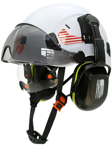 Perldverge OSHA Approved Safety Helmet with Double Visor and Hearing Protection, White Protective Helmets with Clear Visor, Sunglasses and Hearing Protection, Chainsaw / Arborist Safety Helmet with