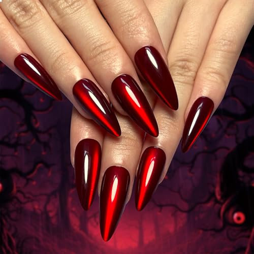 GlamRays 30 Stück Press on Nails Lang Mandel Fake Nails Rote Katzenauge Falsche Nägel Mit Designs Nägelspitzen Rote Glitzer Vollumfängliche Nägel Press Ons Aufnageln