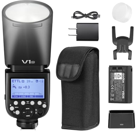 Godox V1N Blitz-Set für Nikon-Kamera, GODOX V1-N, 2,4 G, HSS, TTL, Rundkopf-Speedlite mit Diffusor, abnehmbarem Sub-Blitz, Modellierlampe, Typ-C-Aufladung, 1,3 s Wiederholungszeit (V1-N)