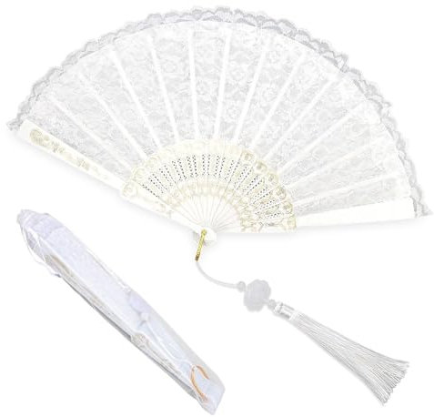 Raheem White Lace Folding Fan Elegant Manual Fan with Silk Storage Bag Perfect Bridal Fan for Weddings Parties & Special Occasions