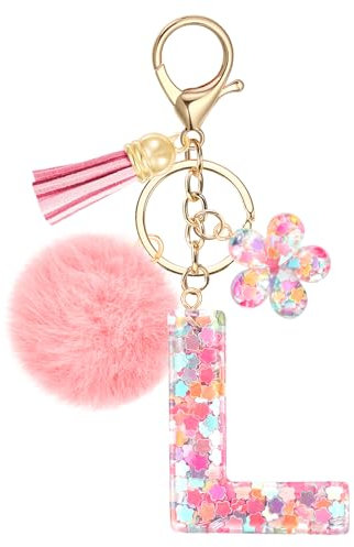 JSRQT Niedlicher Rosa Schlüsselanhänger Buchstaben L, Namens Alphabet Harz Schlüsselanhänger Blumen Pailletten mit Pompons, Taschenanhänger Key Chain für Frauen Mädchen Handtaschen Rucksack Dekor