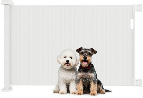 PawHut Barrera de Seguridad para Perros Retráctil 0-136 cm Puerta para Perros Pequeños Extensible con Interruptor de Cierre Red de Seguridad para Pasillos Escaleras Interiores y Exteriores
