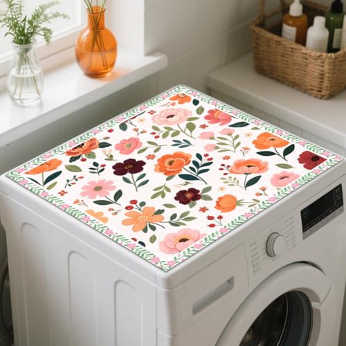 GLOBLELAND Decorative Flowers Washer Dryer Dust Cover 23.6×19.7inch Flowers Leaves Washing Machine Top Protector Pads Non Slip Washing Machine Top Covers for Laundry Room Living Room Desk