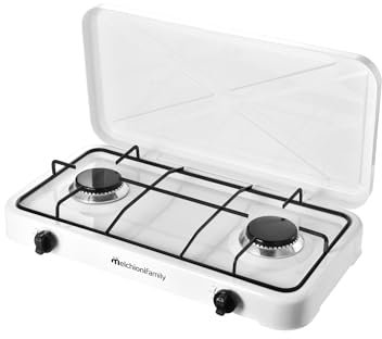 Melchioni Family | Minerva New - Hornillo de gas de 2 fuegos blanco para exterior | Acero esmaltado, GLP, tapa protectora, rejilla extraíble, llama ajustable