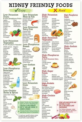 Poster mit nierenfreundlicher Lebensmittelliste, 30,5 x 45,7 cm, Nieren-Bewusstseins-Diät für Anfänger, Nieren-Diätliste, kaliumarm, Einkaufsliste, Lebensmittelführer für Anfänger, Nieren-Diätpläne