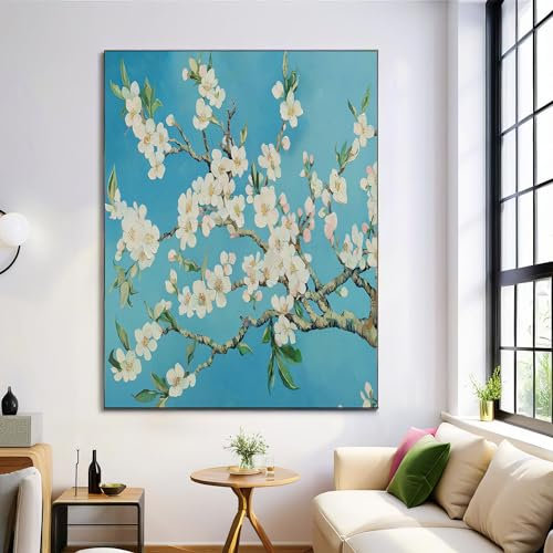 ANALTIRCE Bleu Ciel Affiche Toile Art Mural Peinture, Tableau sur Toile Peinture À L'Huile Plantes Fleurs D'Abricotier En Fleurs pour Salon Décoration d'intérieur 70×100 cm Sans Cadre