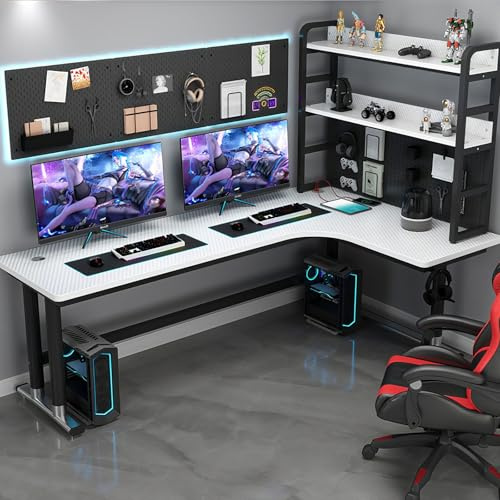 L-Shaped Computer Desk Corner Workstation With Pegboard, Home Office Gaming Desk With Bookshelf, Study Writing Table For PC & Laptop, Space-Saving Ergonomic Design For Small Rooms(D-right,180x80x75cm)