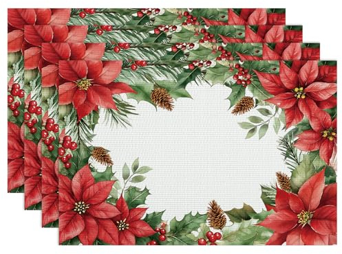 Weihnachtsblume Tannenzapfen Tischsets 4er Set, Abwaschbar Weihnachten Weihnachtsstern Platzsets PVC Platzdeckchen rutschfest hitzebeständig, Weihnacht Dekor für Küche Esstisch Urlaub Party 30x45cm